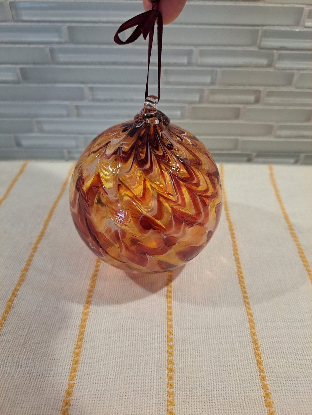 Hand Blown Glass Ball Ornament. Multicolor Burgundy Gold Yellow Approx 3.75"